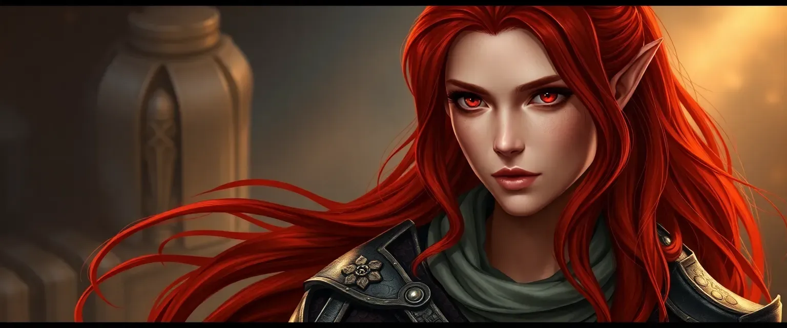 Young Dhampir woman with long red hair, red ruby eyes, wearing a mix of silk and armor.