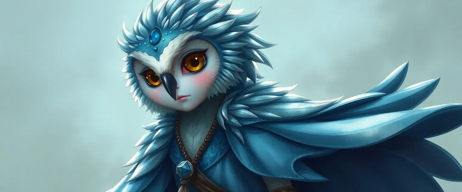 A youthful water owl girl with shimmering blue and silver feathers, wearing a flowing sea-patterned robe.