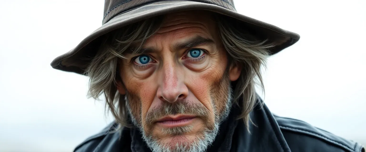 A weathered man in his 40s, with gray-streaked hair and piercing blue eyes, wearing a leather jacket and a wide-brimmed hat.