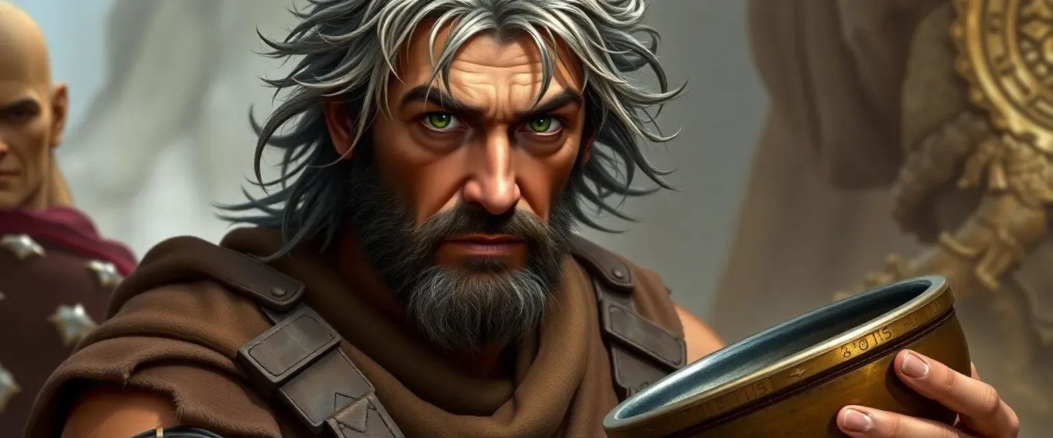 Middle-aged man with green eyes and wild, gray-brown hair, wearing earthy-toned leather and cloth, carrying a bronze bowl.
