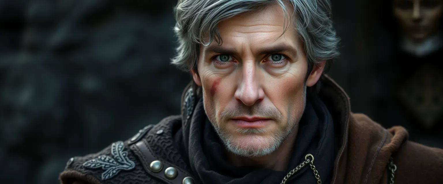 Late 30s man with gray-streaked dark hair, green eyes, and a scar on left cheek, wearing worn leather armor and a patched cloak.