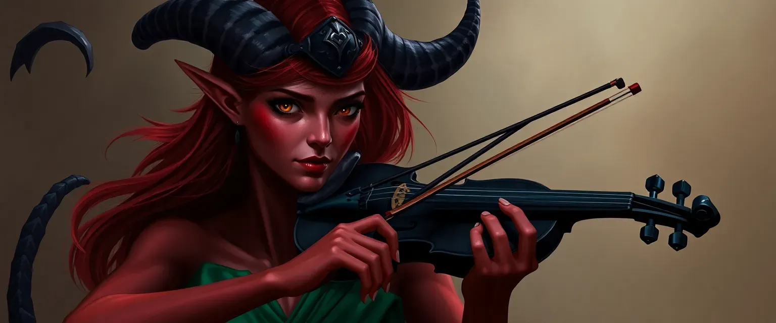 Crimson-skinned Tiefling woman in her late 20s with curved black horns, amber eyes, and a spade-tipped tail. Slender, wearing emerald silks, holding a dark violin poised to play.