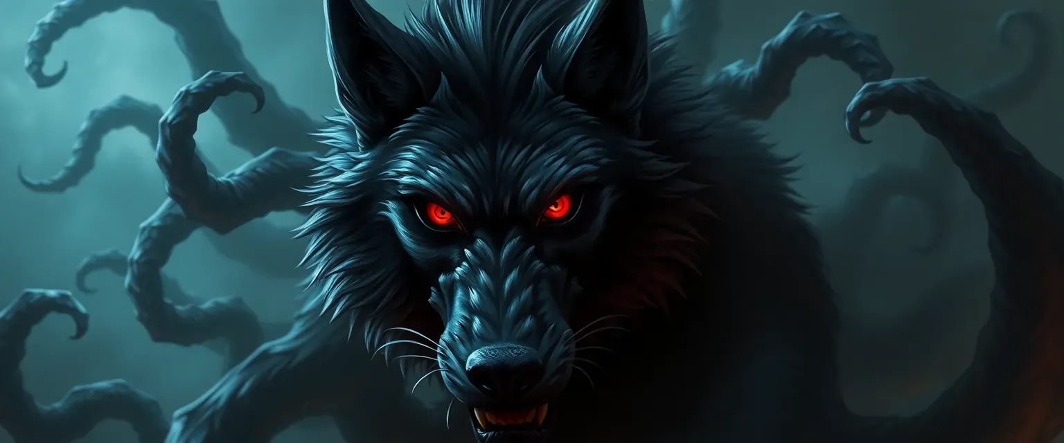 Dark grey wolf with red eyes, surrounded by shadowy tentacles.
