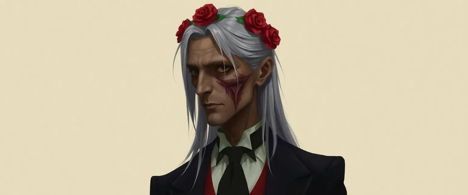 Slender butler with long grey hair, horrifically scarred left side, wearing a black suit and red waistcoat, crowned with roses.