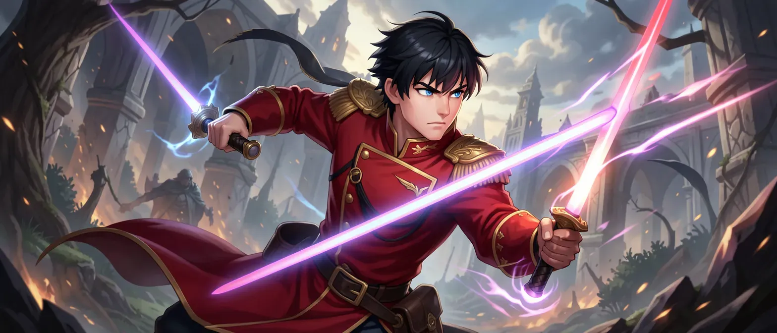18-year-old noble cadet with black hair and blue eyes in red elite uniform, holding a laser sword, stern expression.