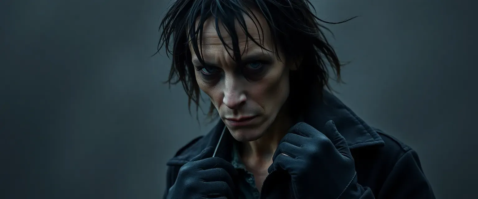 Late thirties, gaunt face, cold eyes, tangled black hair, tattered black coat, worn-out shirt and jeans, gloved hands.