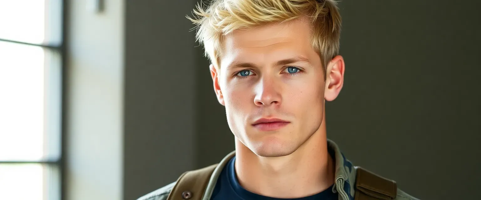 Tall, athletic 28-year-old military veteran with short tousled blonde hair, ice-blue eyes, and visible tattoos. Wearing casual civilian clothes with subtle military influence.