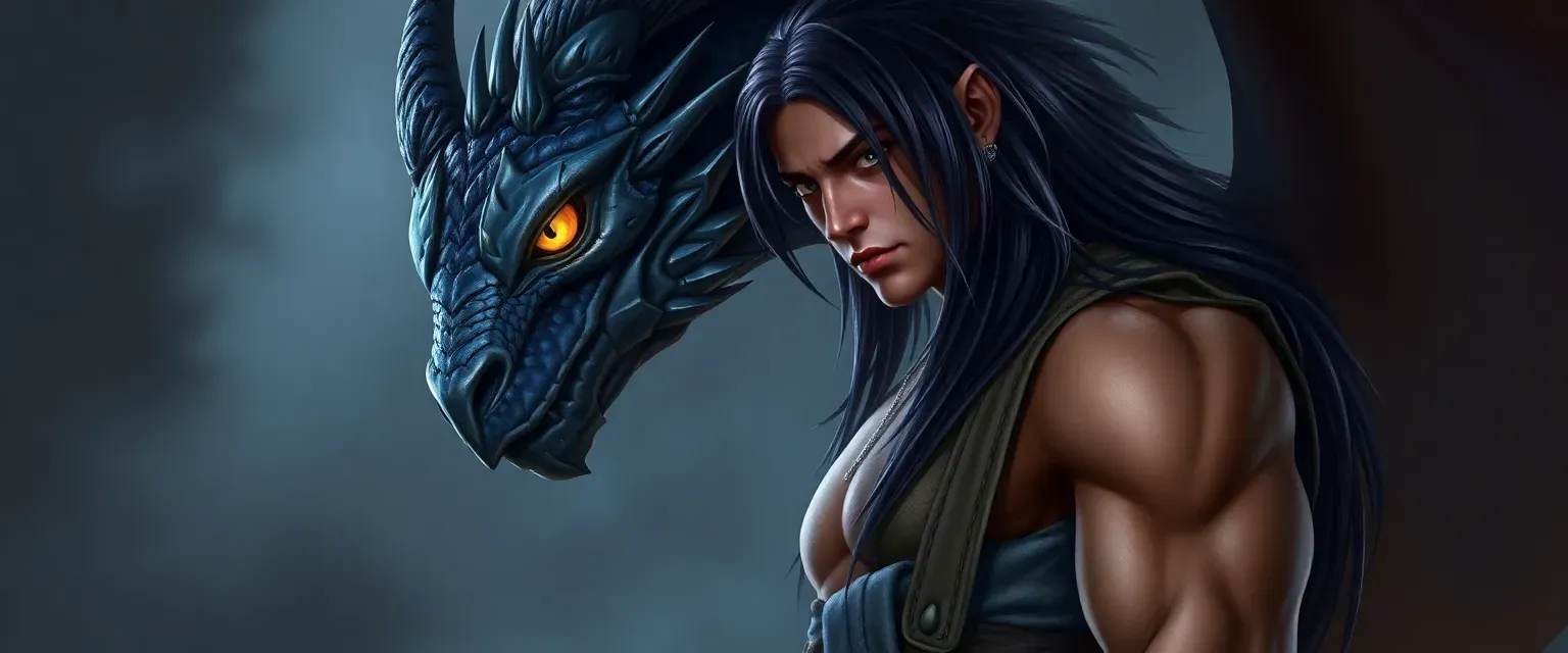 Tall, muscular half-human, half-dragon with midnight blue and silver scales, glowing gold eyes, and long, dark hair streaked with silver, wearing tattered clothes.