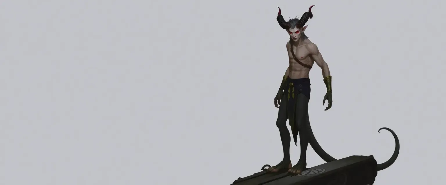 7ft tall male tiefling, pale skin, lizard skin feet, crimson eyes, horns.