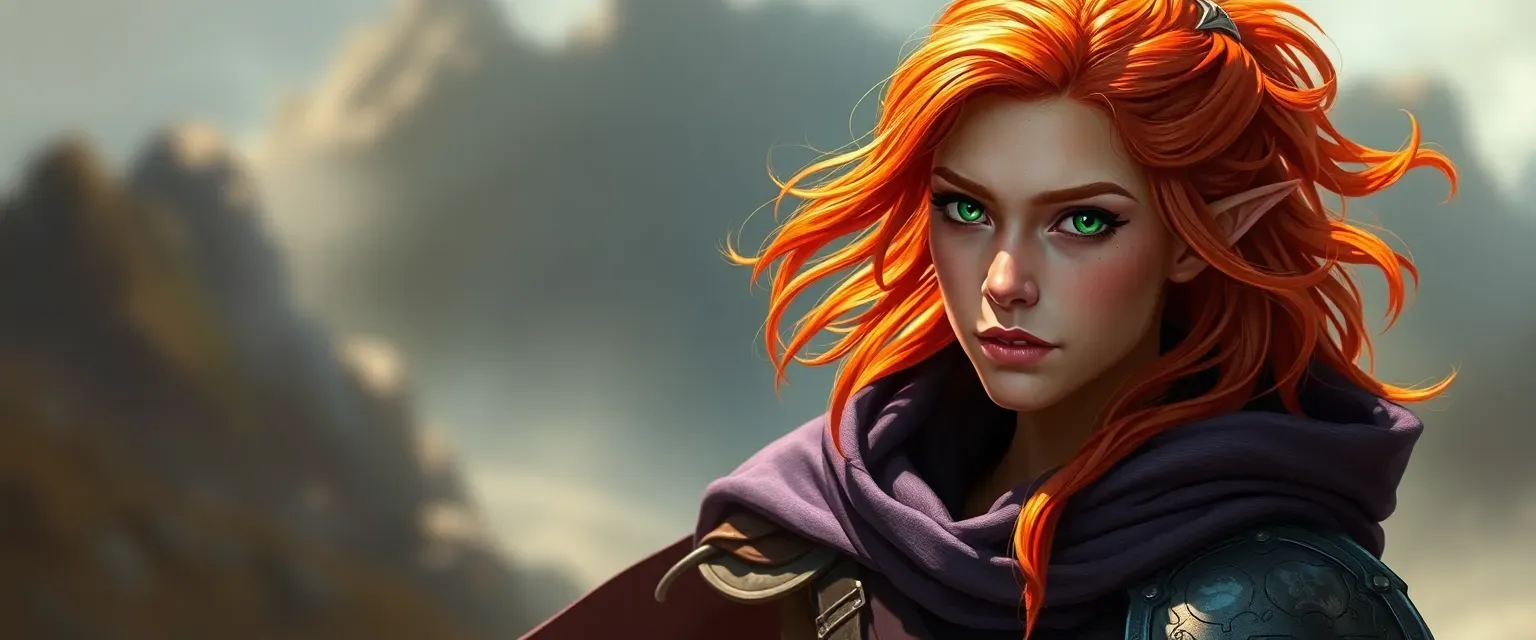 29-year-old Eladrin with sun-kissed skin, fiery red to golden hair, piercing green eyes, wearing a color-shifting cloak and leather armor.