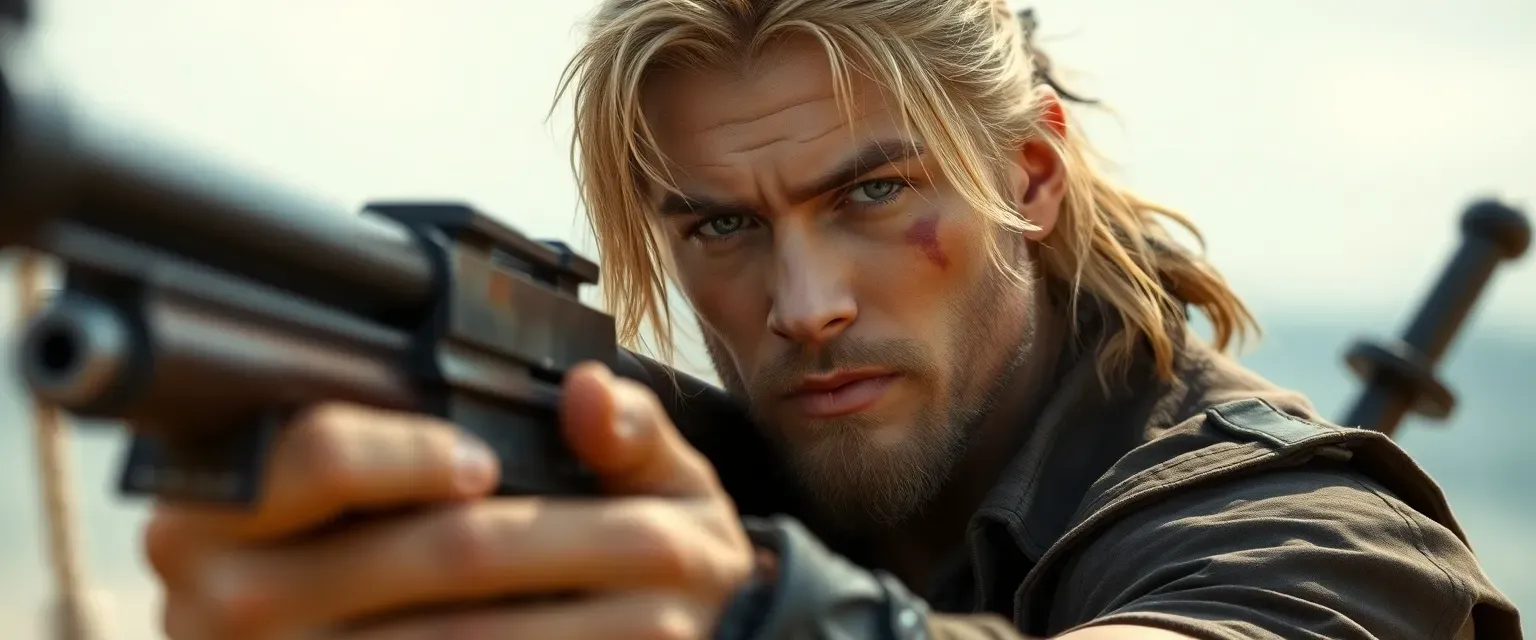 A 32-year-old pirate gunner with a scar, amber eyes, and sun-bleached hair, wearing a leather vest and loose shirt.