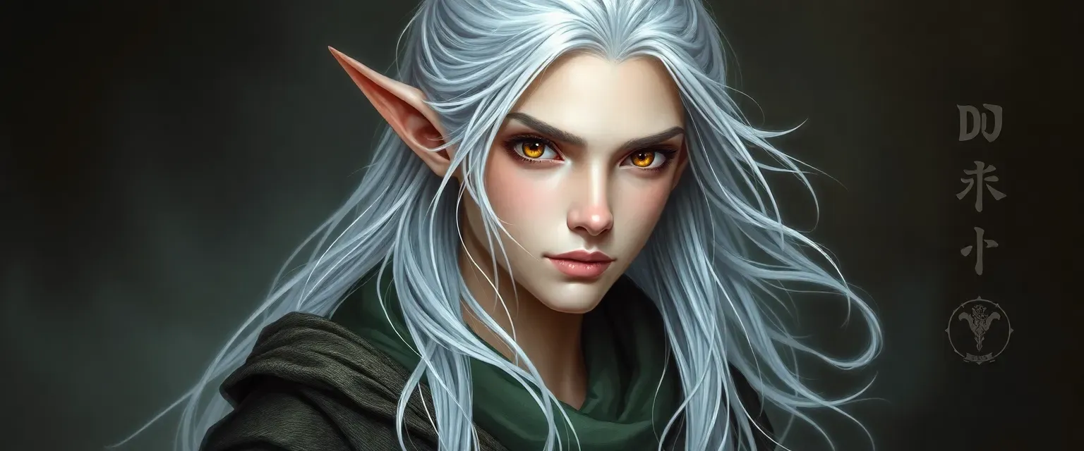 Half-elf reborn with ethereal beauty, silver hair, hazel eyes, wearing a nature-infused monk's robe.