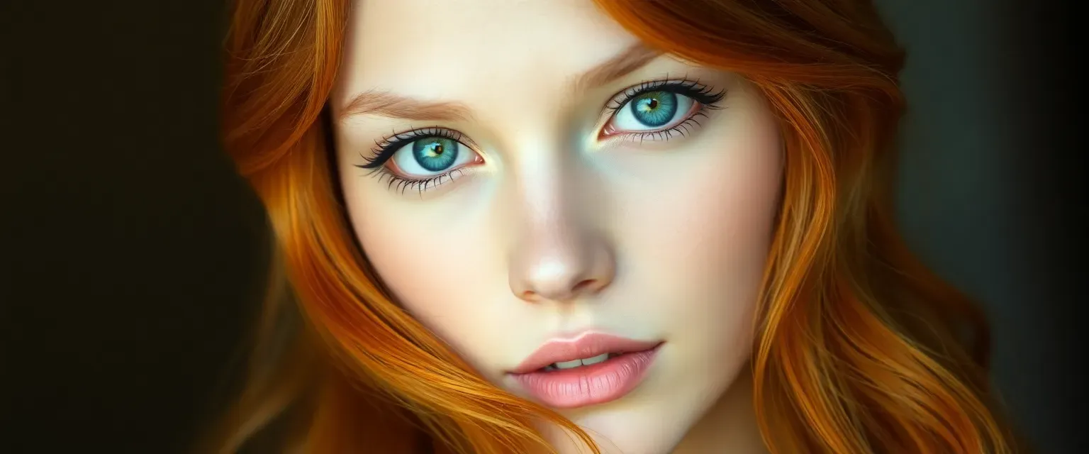 Young woman with long, wavy orange hair, heterochromatic eyes (half blue, half green), sharp yet elegant features, royal aura.
