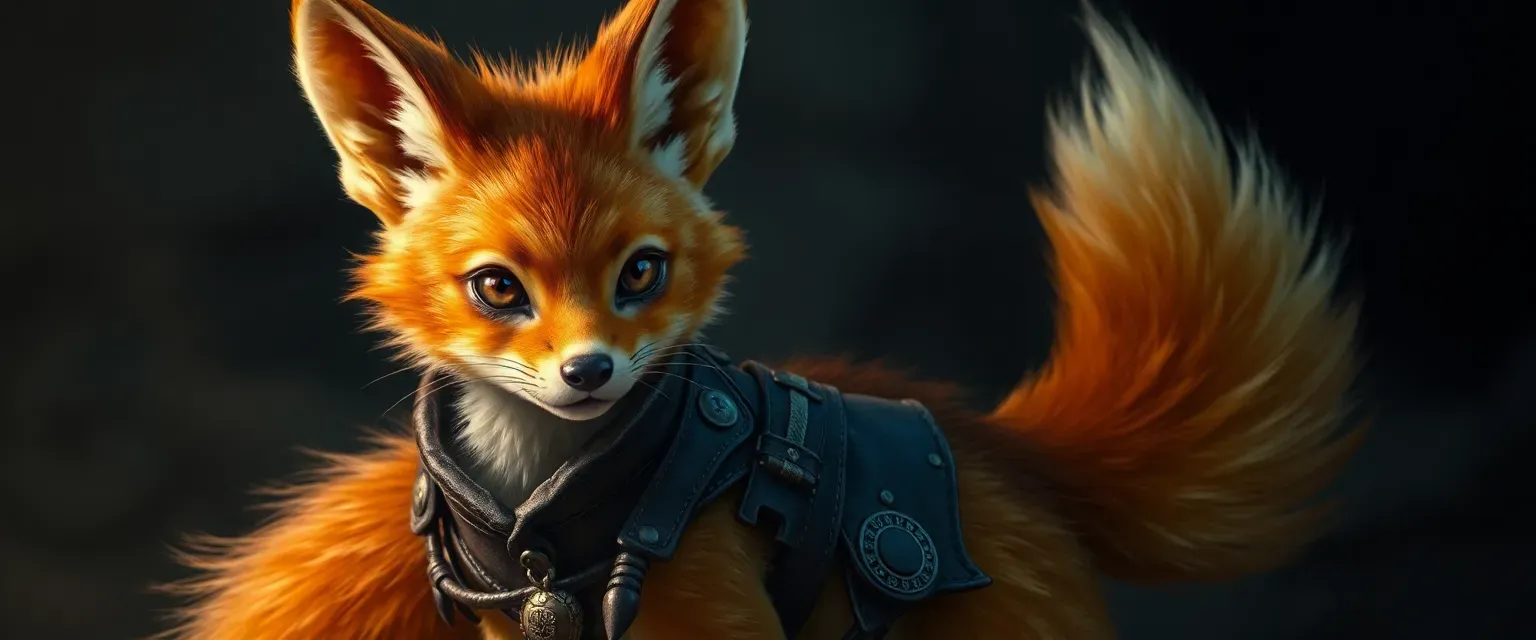 Young kitsune with russet and gold fur, wearing a leather vest with trinkets, sharp amber eyes.