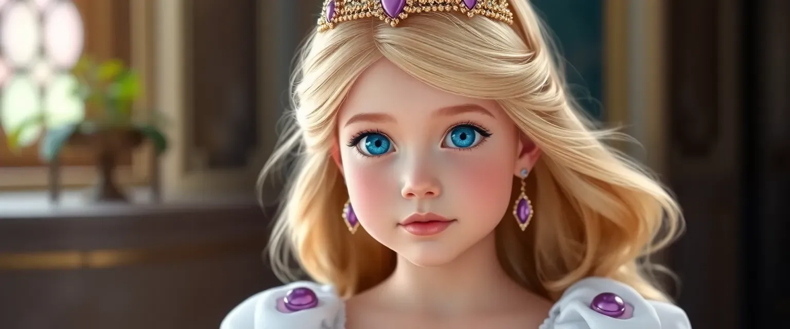 A young princess with golden hair and blue eyes wearing a white gown with purple and gold accents.