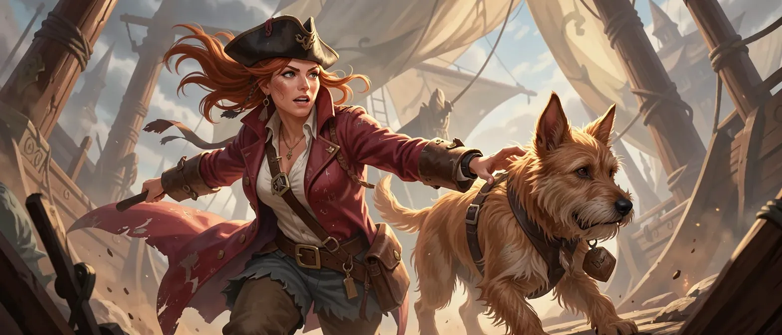 A sun-browned pirate woman in her late twenties with wild auburn hair, wearing a faded crimson coat and tricorn hat, accompanied by a wiry terrier.
