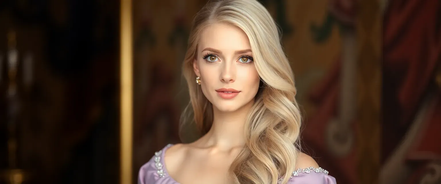 22-year-old princess with light brown eyes and long, light brown hair, wearing elegant royal gowns.