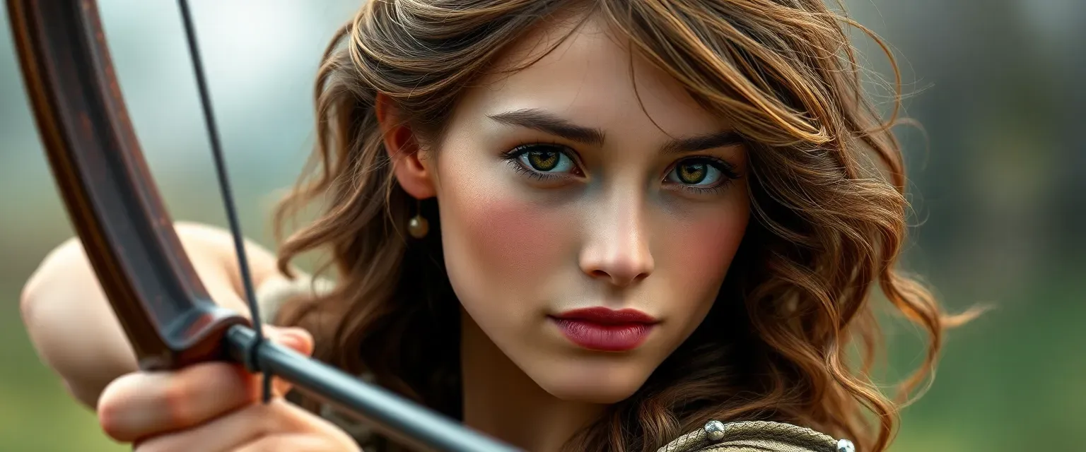 19-year-old English princess with brown wavy hair, kind eyes, and a noble, caring demeanor, skilled with a bow.