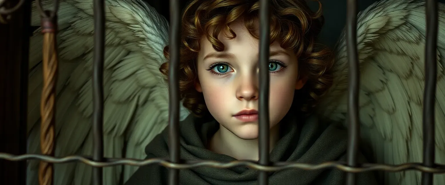 12-year-old angel with curly light brown hair, green eyes, in dull robes, trapped in a cage with a civetta.