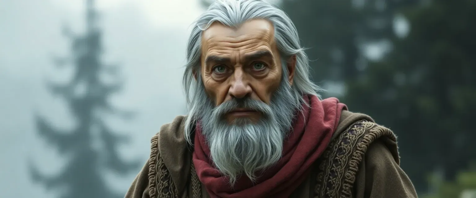 Tall, broad-shouldered old man with gray hair and weary eyes, wearing traditional Slavic garments.