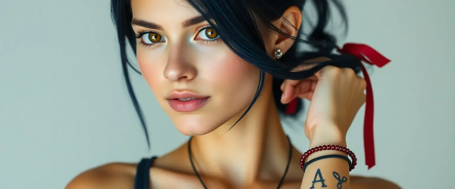 Petite, athletic woman with light skin, triangle face, deep navy blue hair, amber eyes, modern loose clothing, ruby ribbon, choker, bangle, bracelet, ankle tattoo.