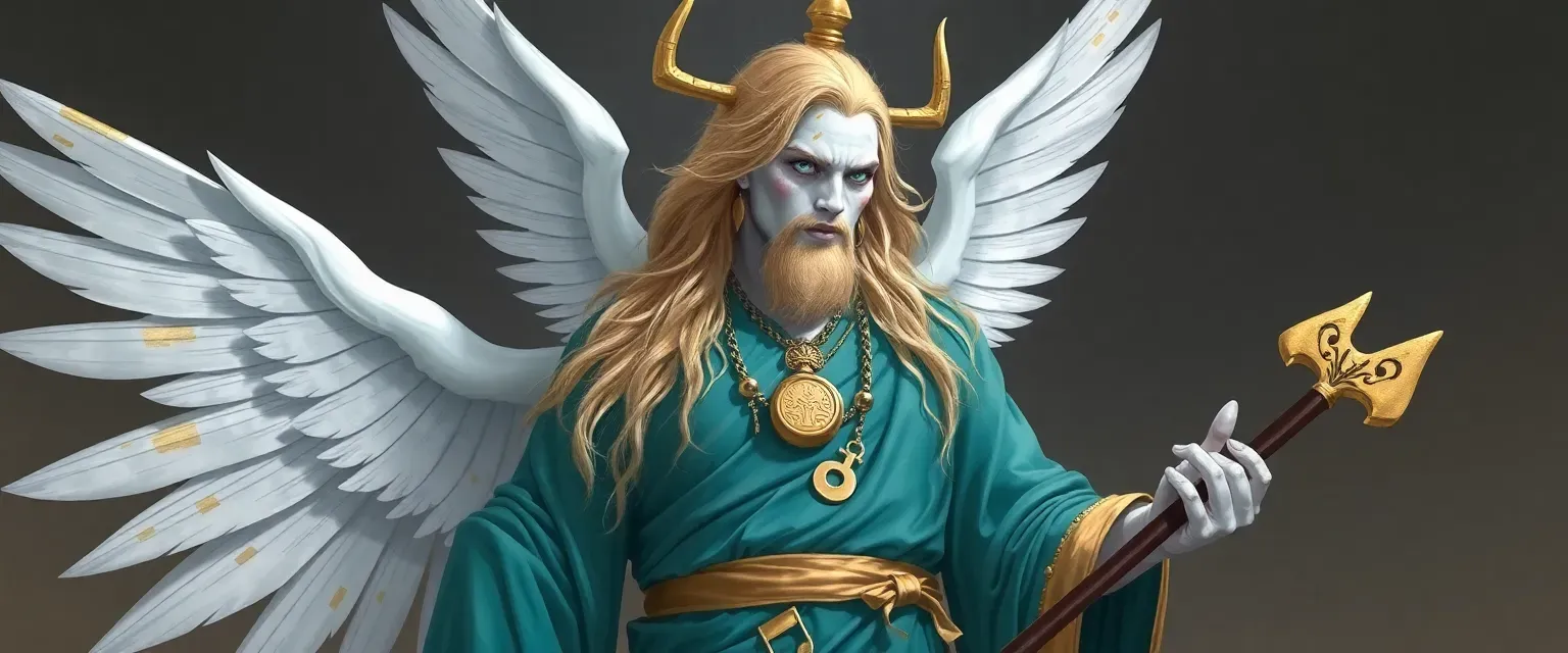 Blind god of music with long blond hair, vitiligo, and white wings with gold splotches, wearing an aqua toga with a golden sash and music note ornament.