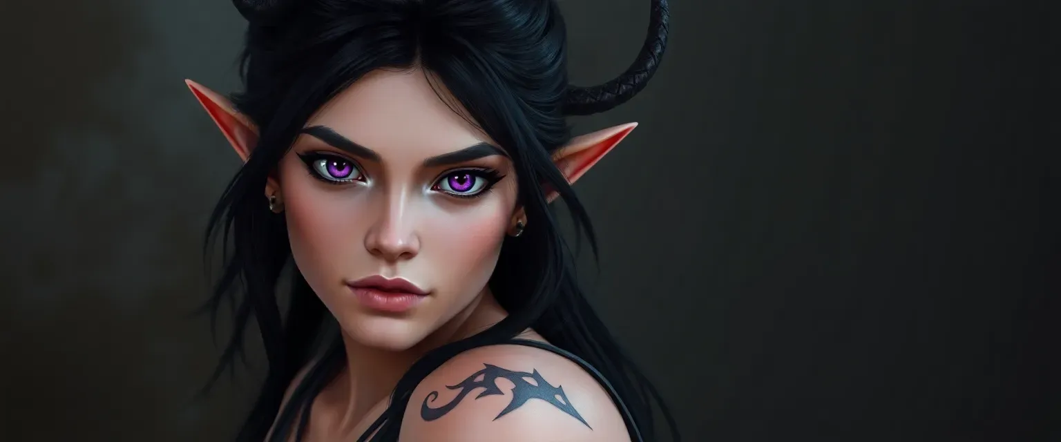 Young half-elf, half-demon woman with violet eyes, black hair, and a scar on her arm, dressed in dark, practical clothing.