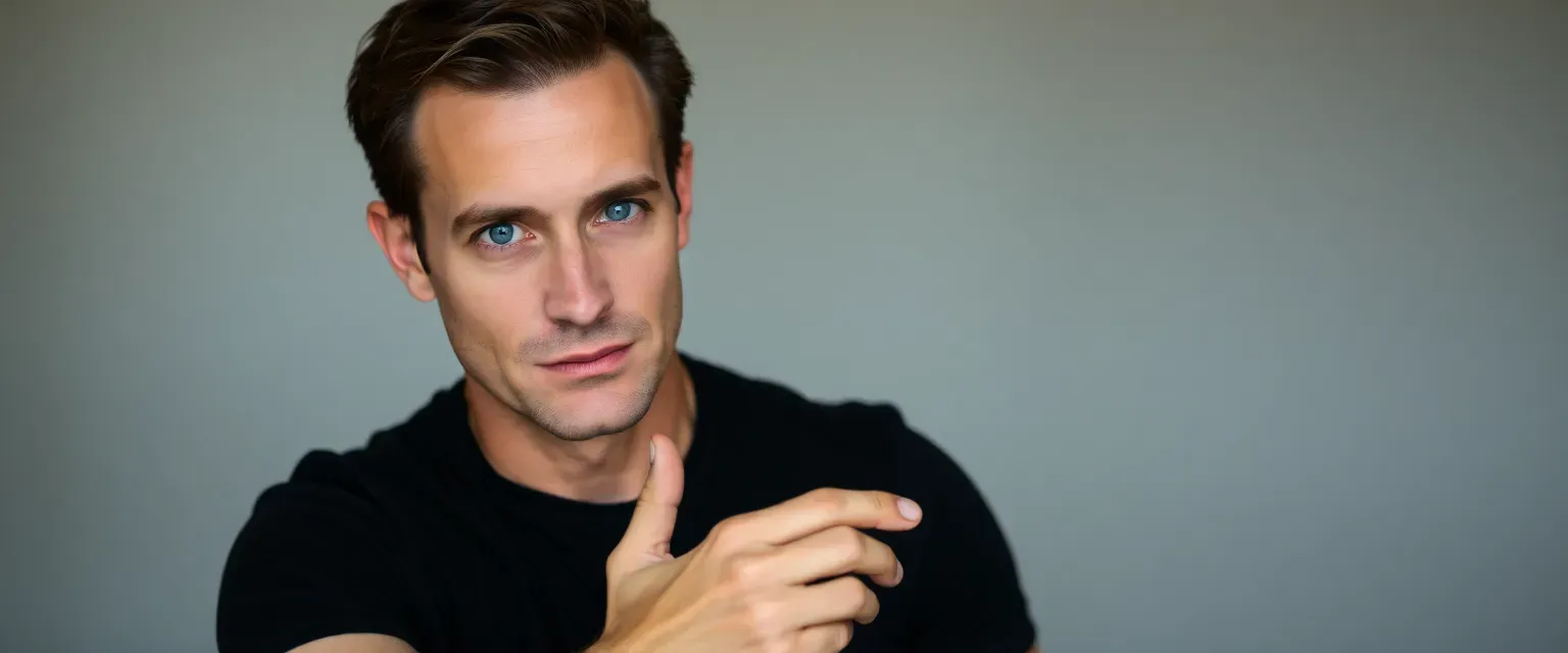 Late 30s man, dark hair, piercing blue eyes, lean, wearing black t-shirt and jeans, tapping fingers rhythmically.
