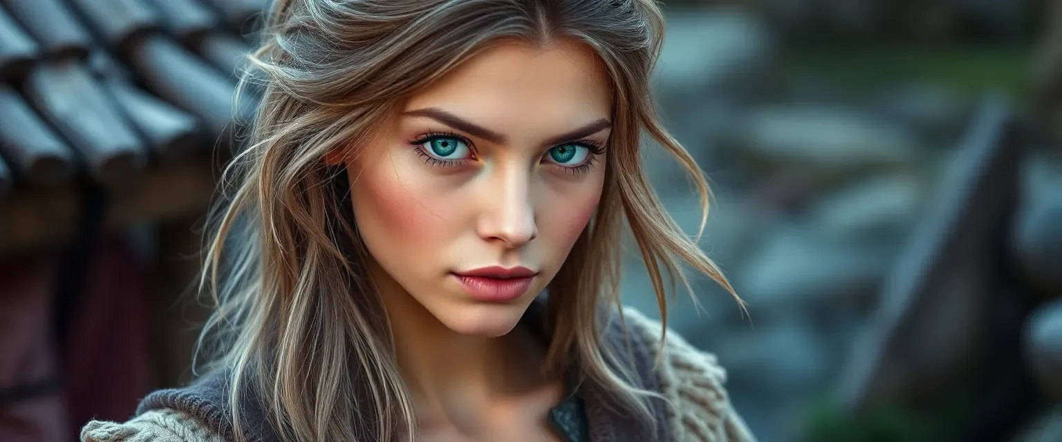 21-year-old woman with brown-dyed silver hair and emerald green eyes, wearing simple village clothes.