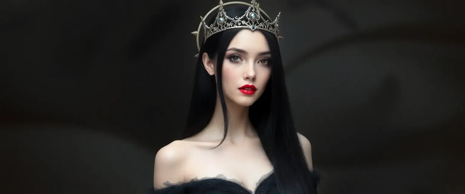 Tall, slim woman with long straight black hair, pale skin, red lipstick, wearing black shadow-like dresses and a silver halo crown.