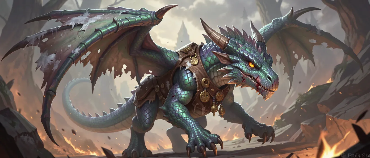 Small wyvern with iridescent scales, tattered wings, salt-stained leather vest with brass trinkets, scarred snout and amber eyes.