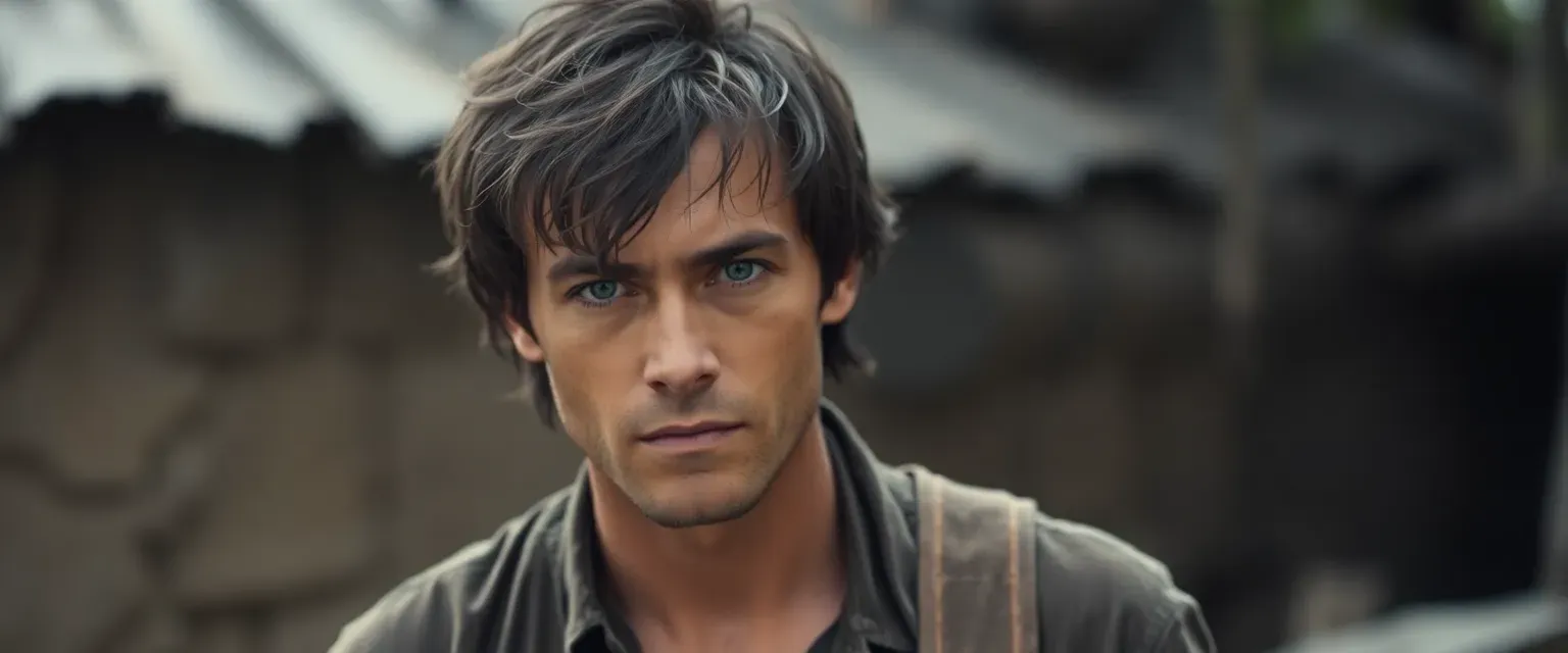 Early 30s man with dark brown, unkempt hair, intense gaze, wearing simple, muted clothing.