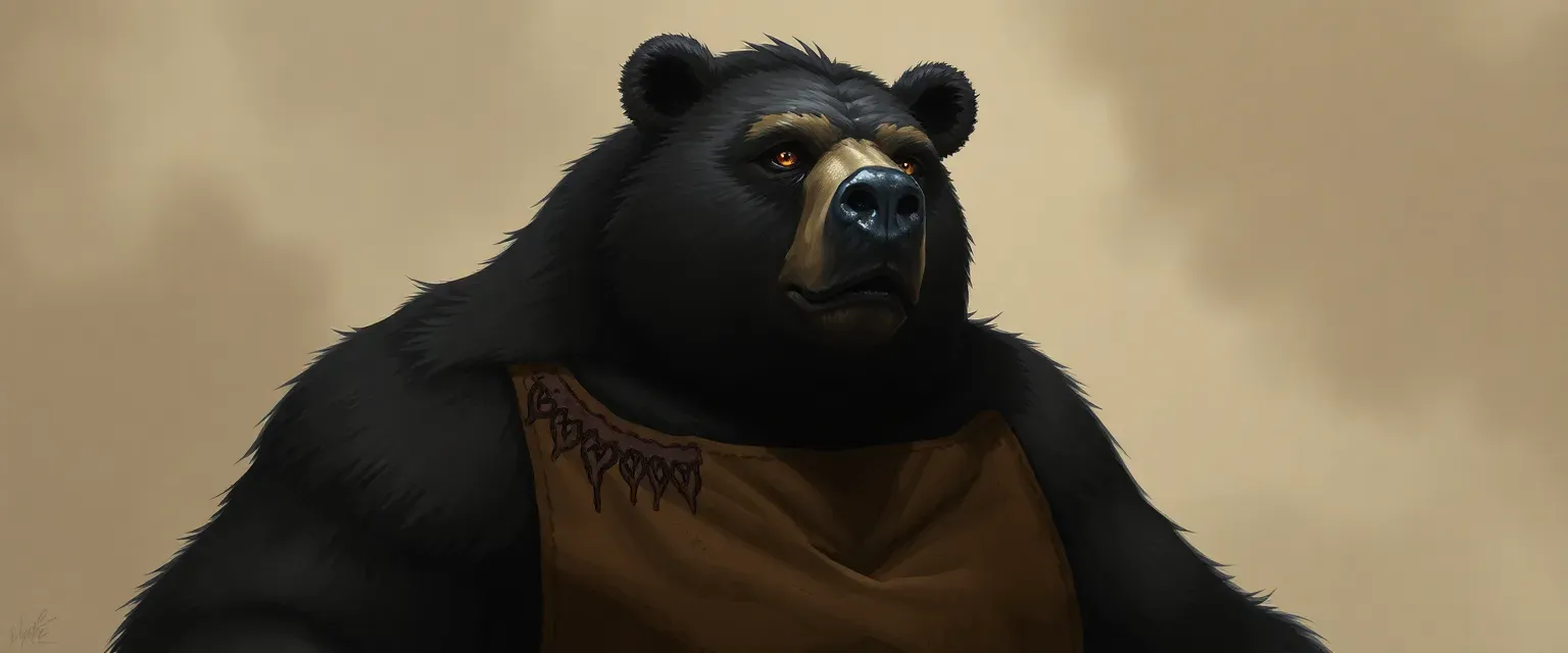 A towering bear with dark fur and amber eyes, wearing a stained leather apron over a loose tunic.