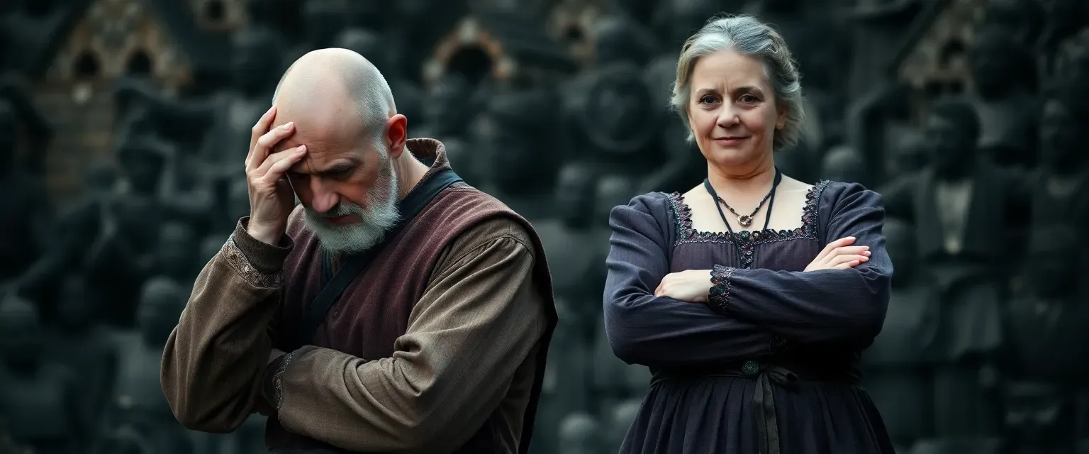 A puny, bald man in his sixties in medieval clothing, clutching his head in despair. A robust woman in her fifties in a medieval dress, arms crossed, towering over him.