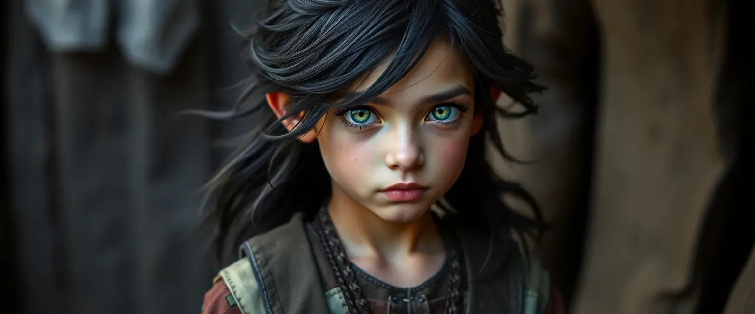Young Trennixan boy with twilight-colored eyes and dark, flowing hair, wearing patchwork street clothes.