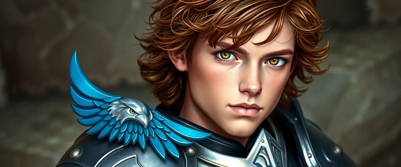 Young knight, early 20s, in gleaming steel armor with azure eagle crest, unruly brown curls, earnest hazel eyes.
