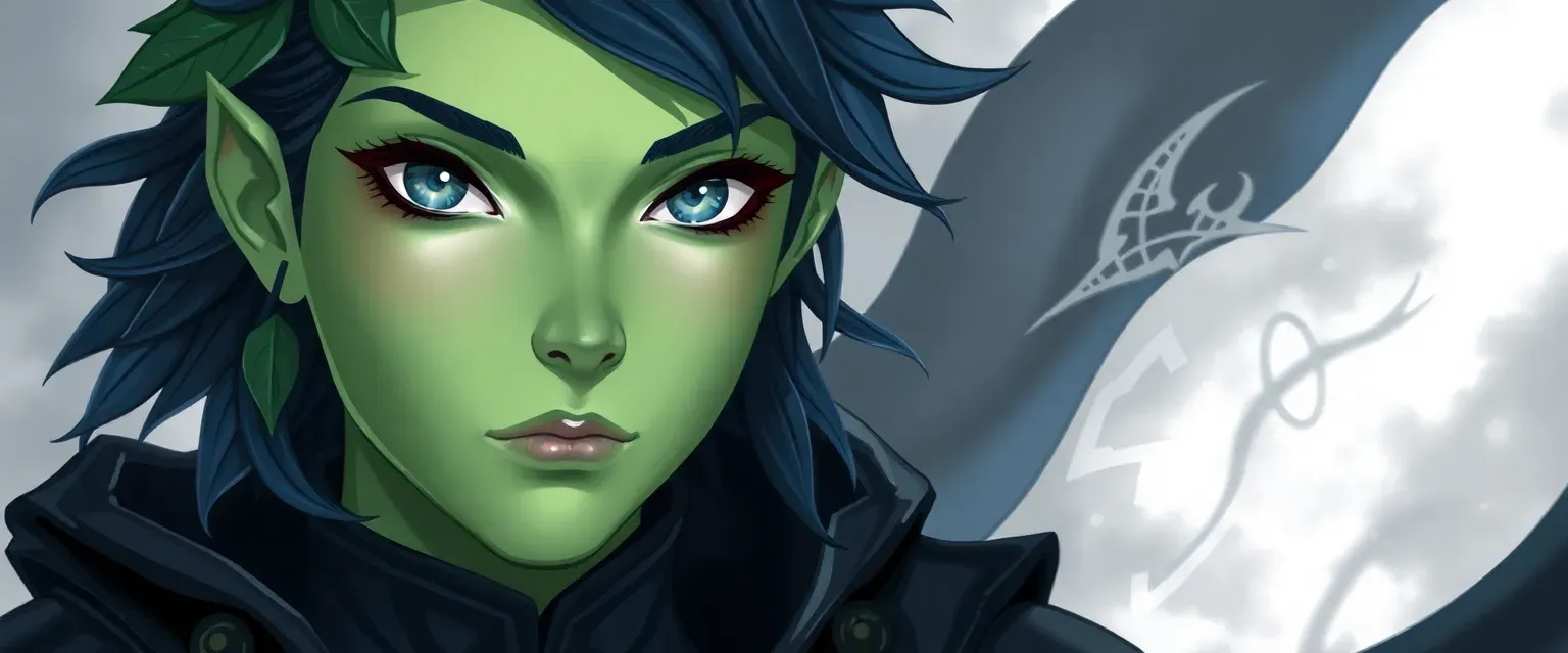 Pale green skin, midnight blue hair with leaves, silver eyes, dark leather armor with night symbols, cloak of shadows.