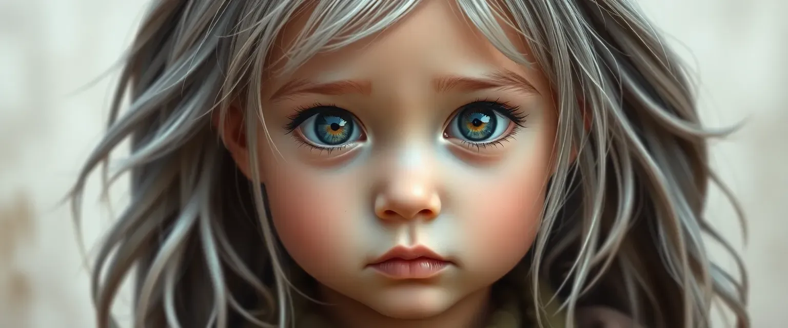 A one-year-old girl with silver hair and sparkling eyes, dressed in simple, earthy clothes.