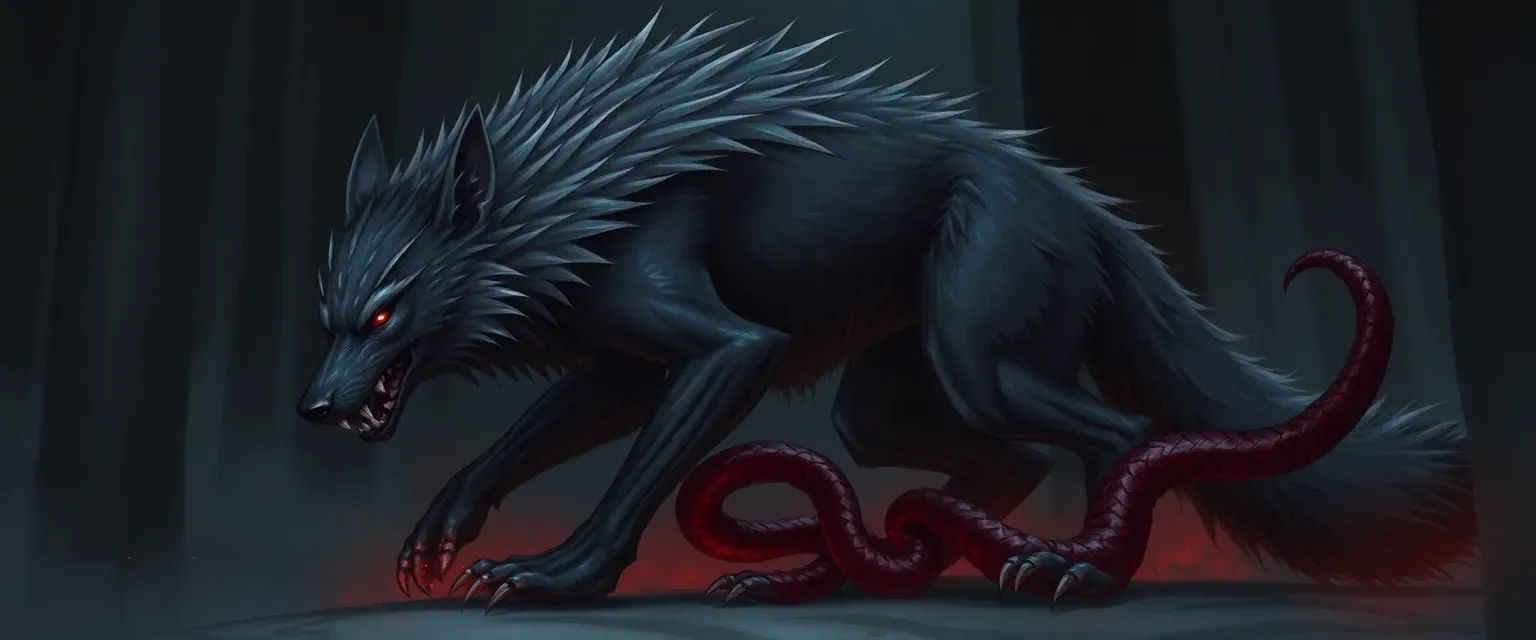 Dark grey wolf anthro, 6ft, werewolf 12ft, red eyes, caring nature, fused with a primordial demon, ritualistic tentacle summoning powers.