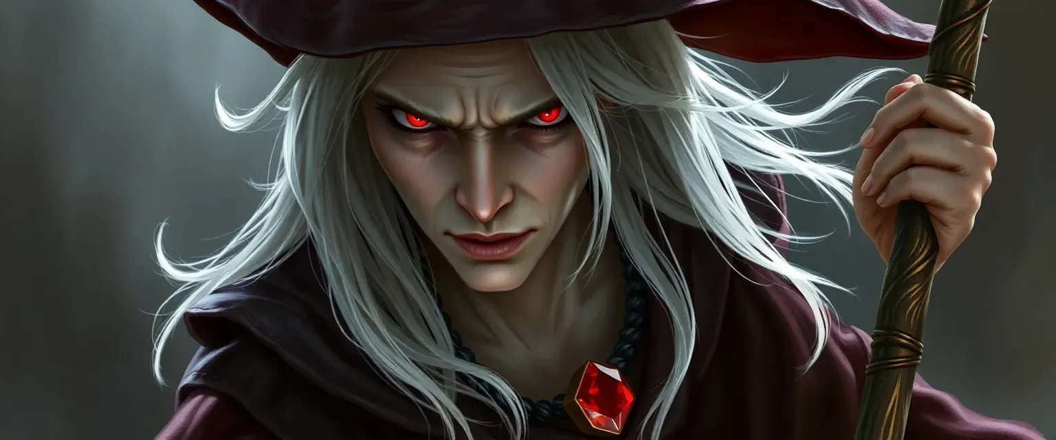 Albino witch with pale skin, white hair, red eyes, wearing tattered robes and a blood-red stone necklace.