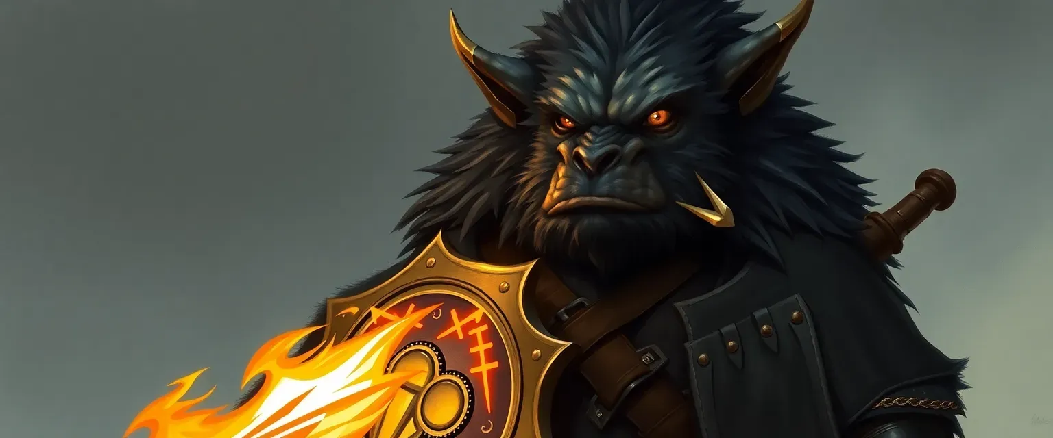 Tall bugbear with dark gray fur, yellow eyes, leather armor, flame sword, and shield with luck symbols.