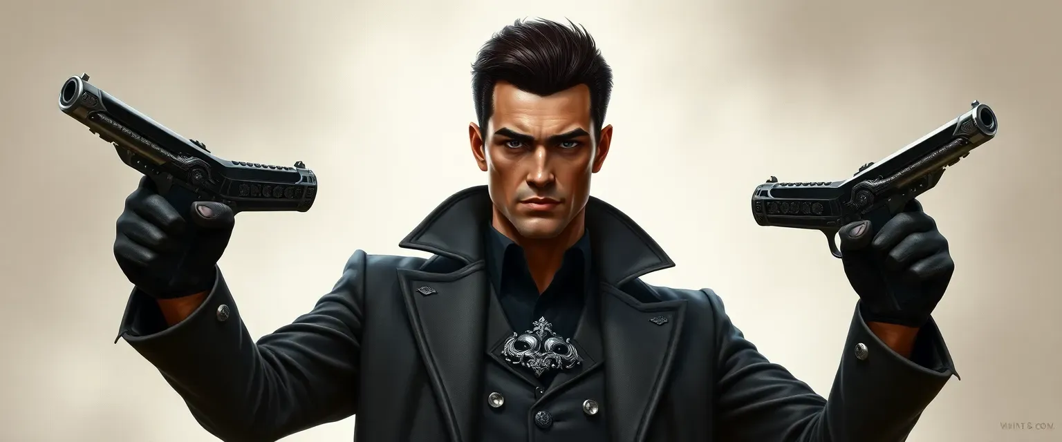 Tall, lanky royal man with sharp features, dark slicked-back hair, wearing a tailored coat with a silver crest, dual-wielding engraved pistols.