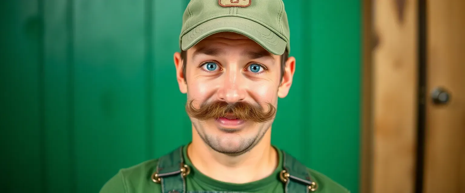 Tall, lanky man in green overalls and cap, with a bushy mustache and bright blue eyes, exuding a mix of nervousness and warmth.