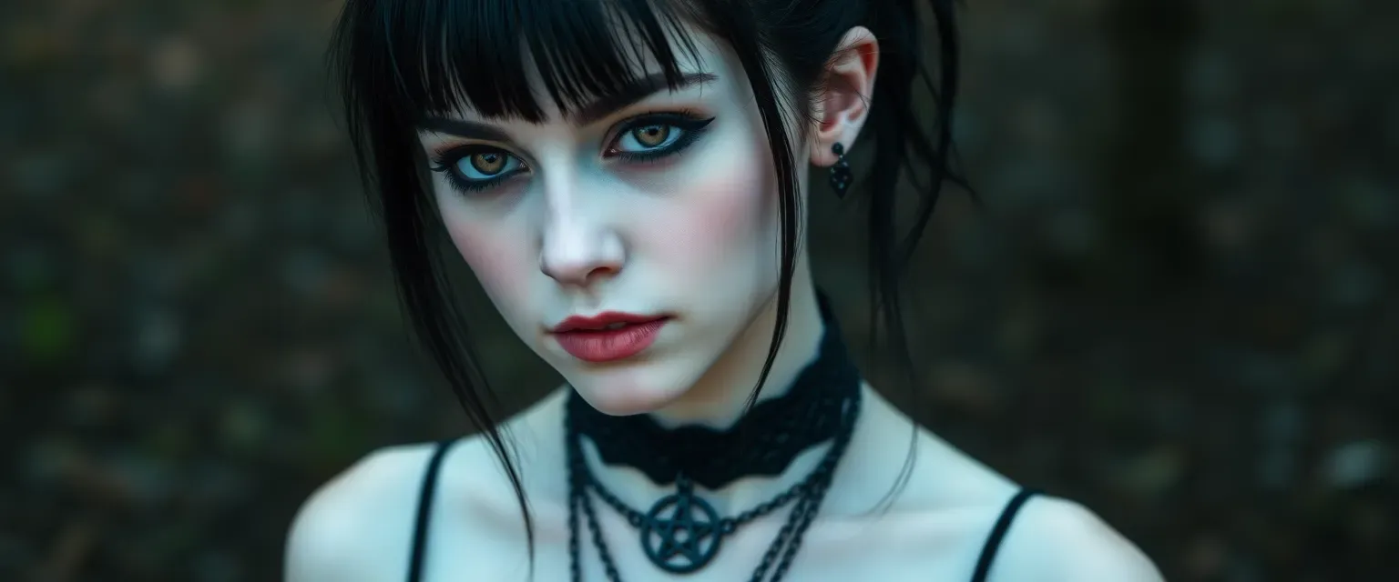 19-year-old Kadence with black hair, gothic attire, pale skin, and kohl-lined brown eyes, wearing a pentagram necklace.