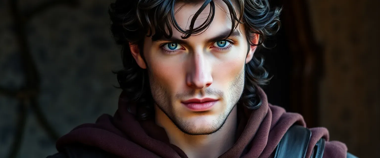 25-year-old ruggedly handsome man with dark wavy hair and piercing blue eyes, wearing leather armor and mage robes.