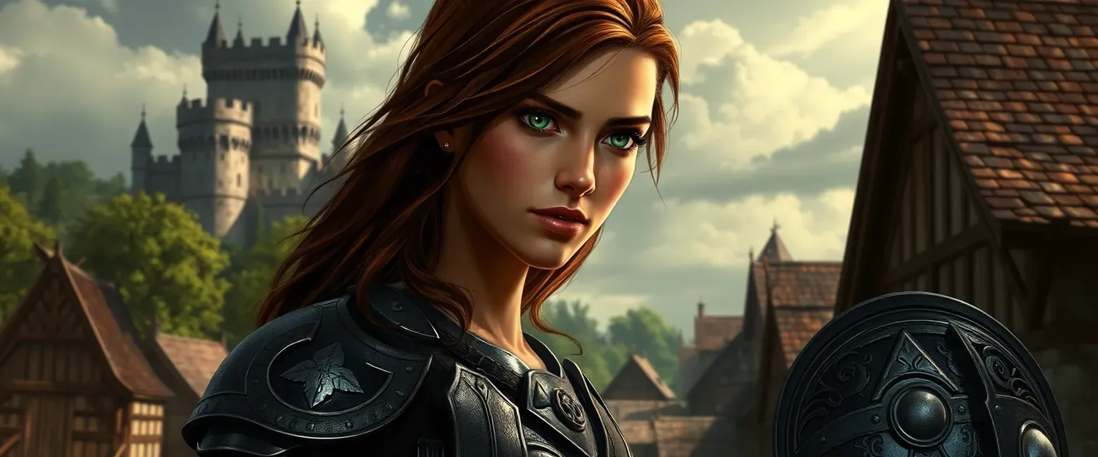 Young woman, dark skin, auburn hair, green eyes, wearing half plate armor, in a village under a castle's shadow.