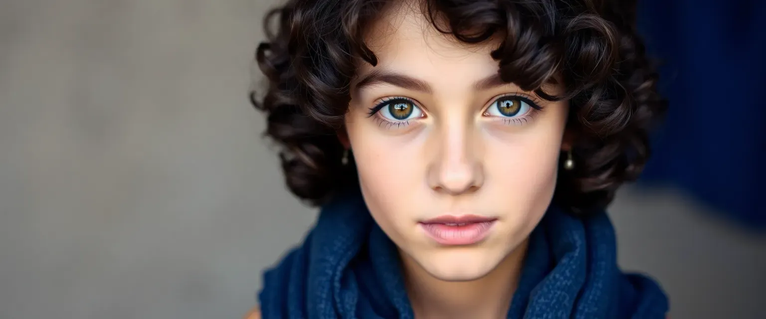18-year-old girl with dark curly hair, hazel eyes, wearing simple clothes and a blue scarf.