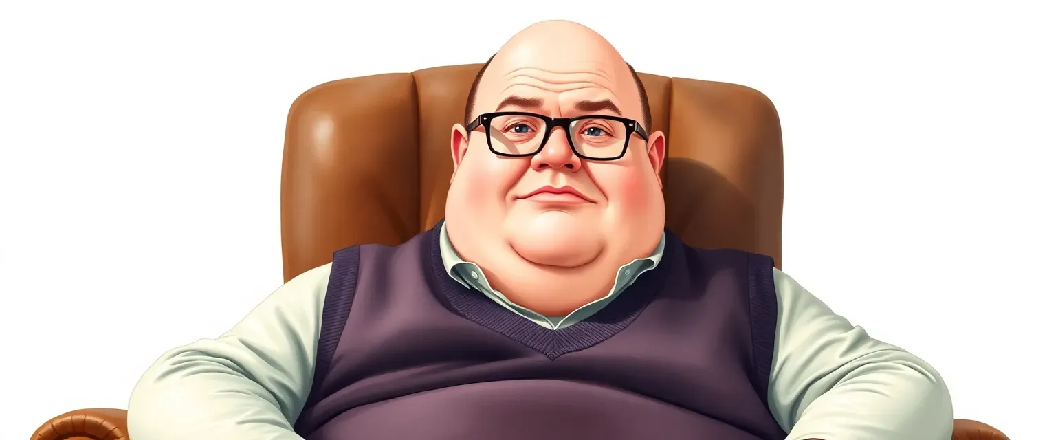 Fat, balding man with glasses and plump lips, wearing a sweater vest, in a leather chair, watercolor style.