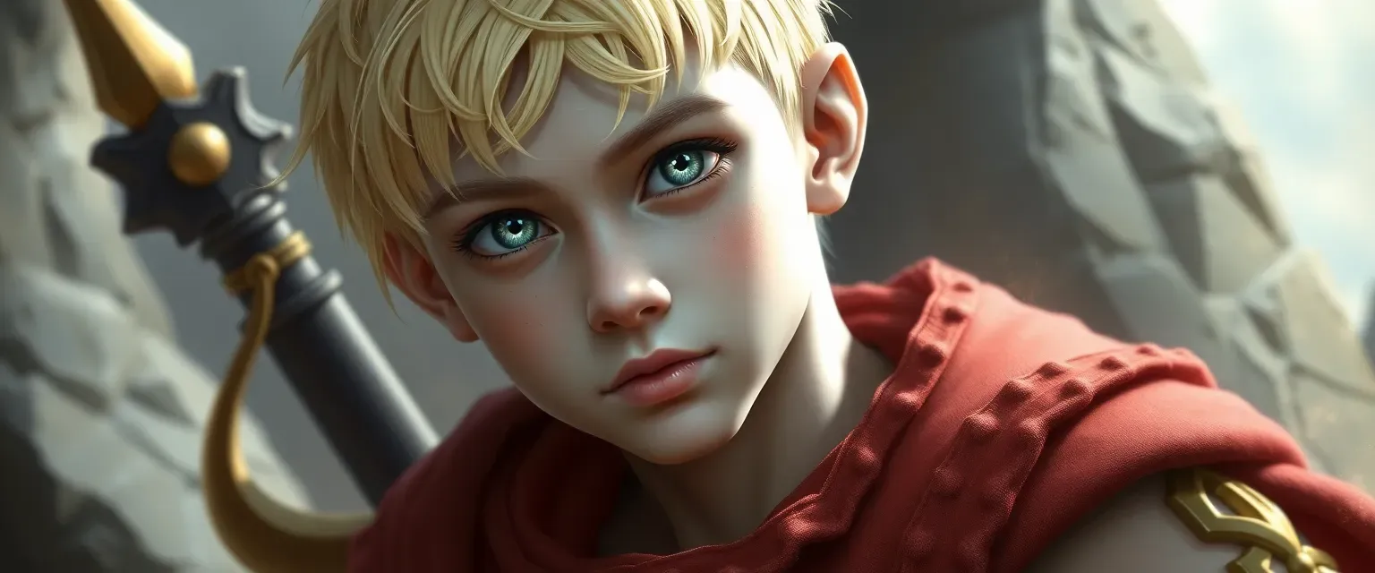Young Aasimar with pale yellow hair, almost white skin, shining grey eyes, and golden markings on his body.