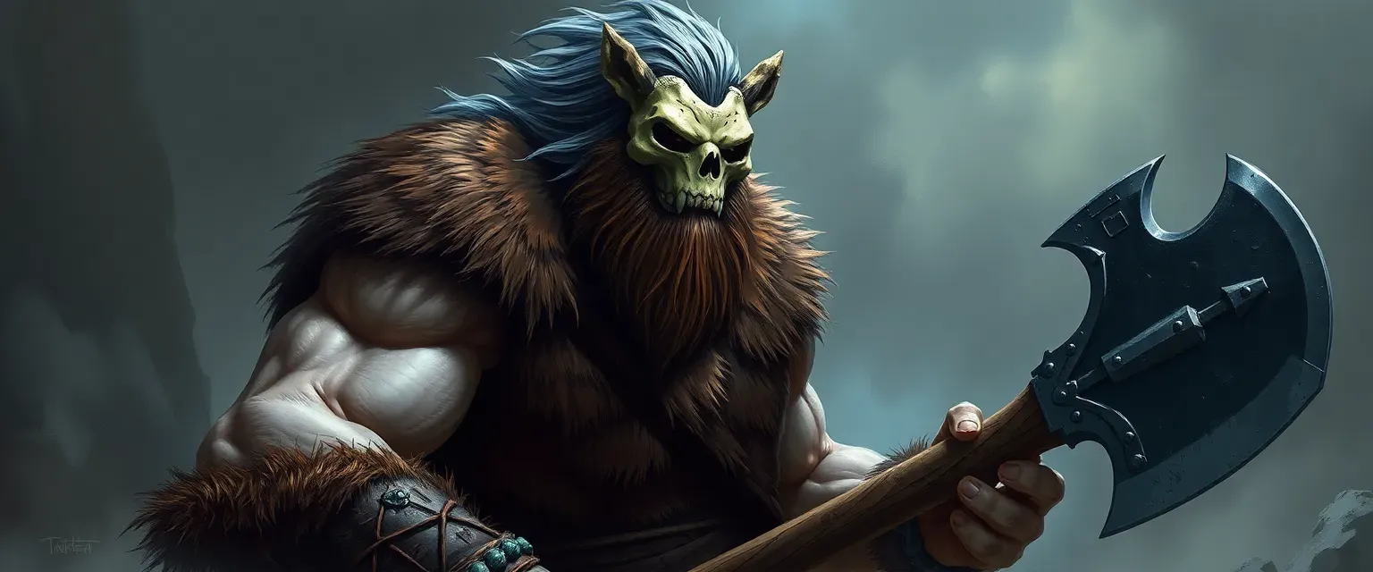 A towering, muscular man with gray-streaked hair and a skull mask, clad in bear hide, wielding a large axe.